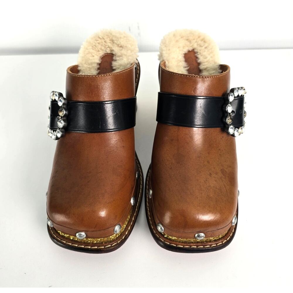Coach Clog Slide Glitter Heel Brown Leather Shearling Insole Swarovski Crystal 7 - Picture 4 of 13